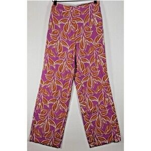 HG Pants Womens Medium Purple Orange Leaf Print Linen Blend‎ Wide Leg Boho